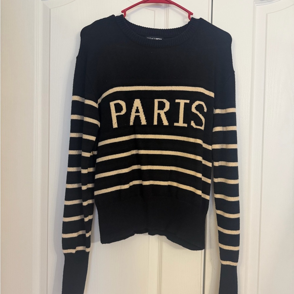 Fashion Nova Black & Cream “Paris” wording Knit Sweater